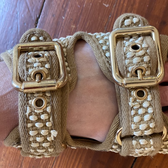 Zara slides with chunky gold buckles / leather and woven fabric - Picture 3 of 7